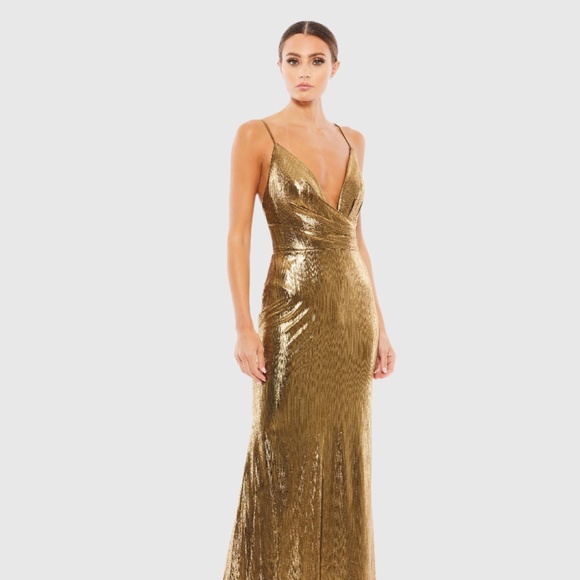 Mac Duggal Gold Metallic Faux Wrap Spaghetti Strap Gown